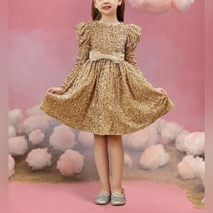 #307 Youth/Girl Holiday Champagne Velour Sequins scoop neck party dress - 12Y